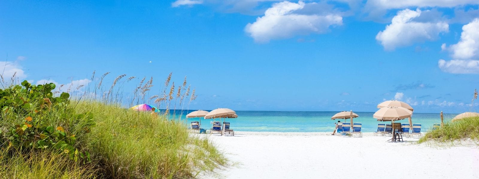 Sarasota Beach with lounge chairs and umbrellas set out